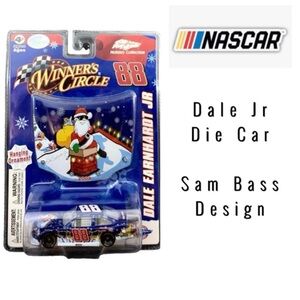 NASCAR Dale Jr die-cast car ornament with vibrant blue and red design.